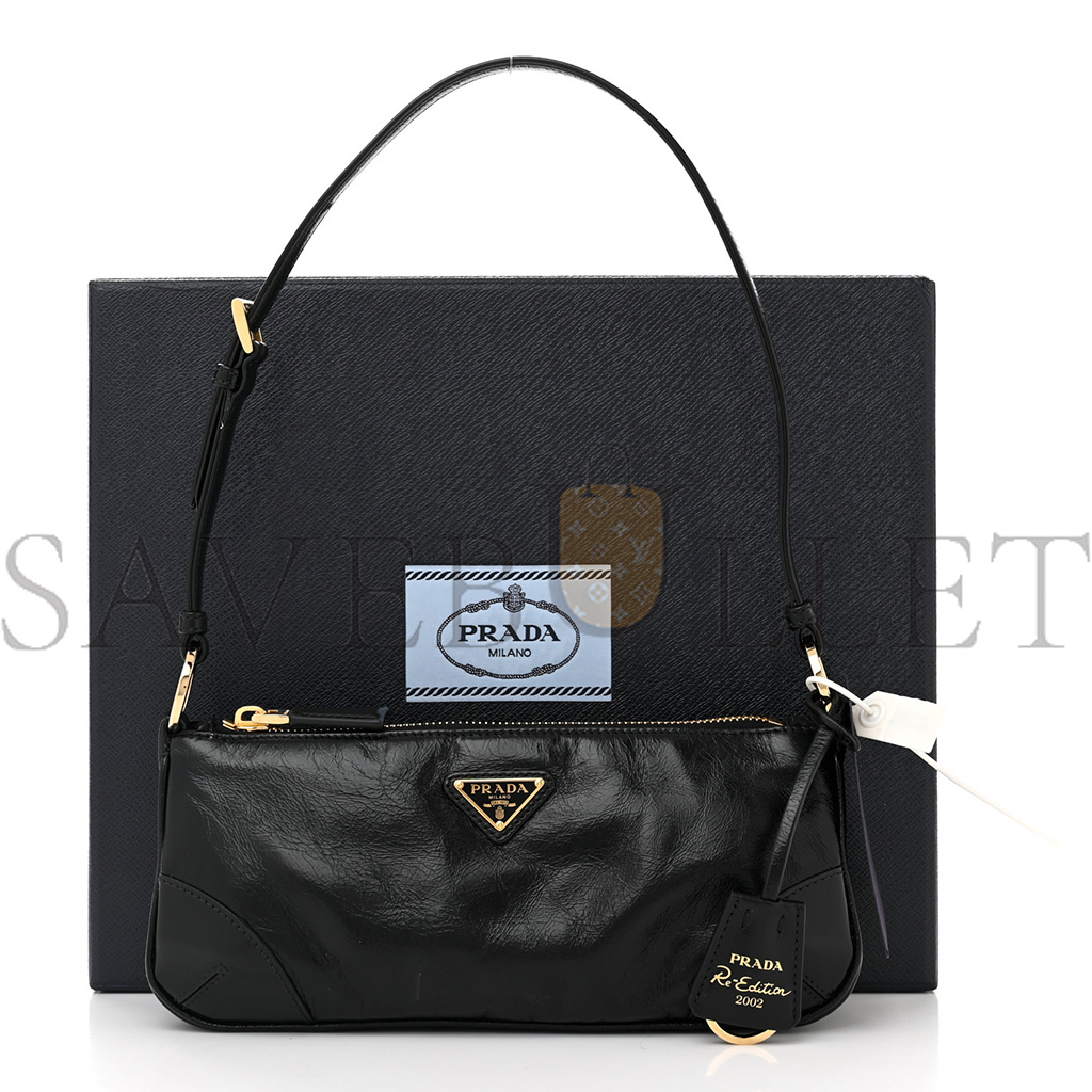 PRADA VITELLO SHINE BRUSHED CALFSKIN RE-EDITION 2002 SHOULDER BAG BLACK (24*10*6cm) PRADA VITELLO SHINE BRUSHED CALFSKIN RE-EDITION 2002 SHOULDER BAG BLACK (24*10*6cm)